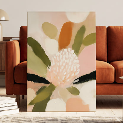 Blush Garden Rhythm, pink, white, green floral wall art displayed in a styled interior, gallery view 3