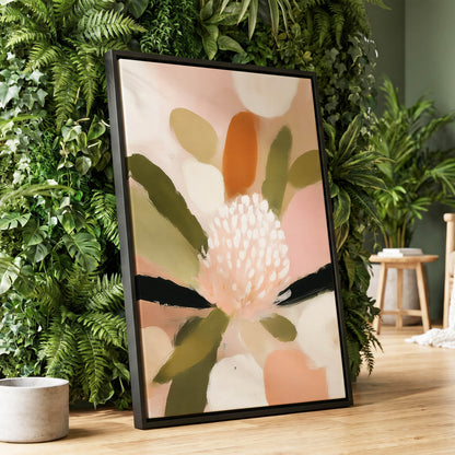 Blush Garden Rhythm, pink, white, green floral wall art displayed in a styled interior, gallery view 4