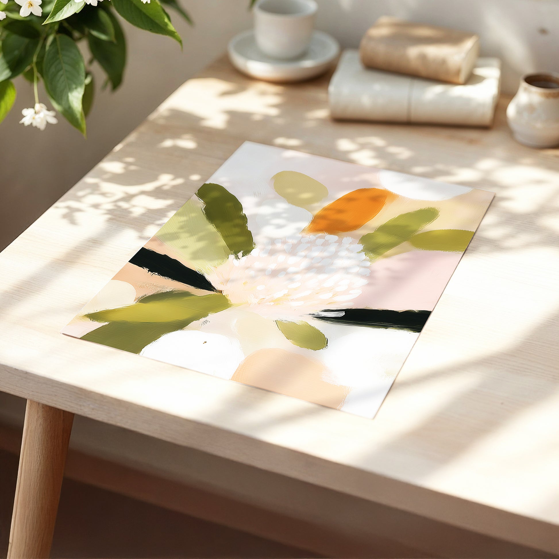 Blush Garden Rhythm, pink, white, green floral wall art displayed in a styled interior, gallery view 5