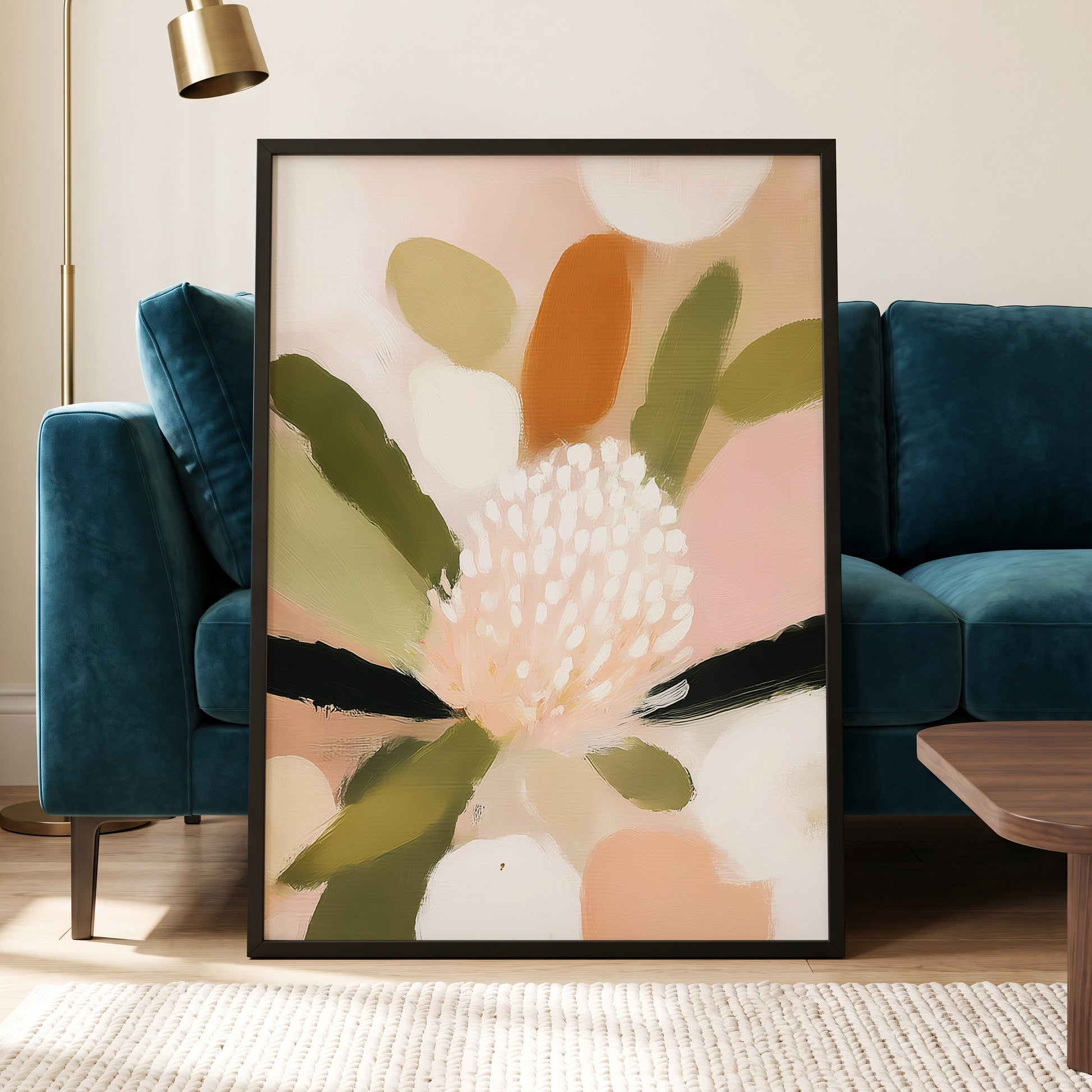 Blush Garden Rhythm, pink, white, green floral wall art displayed in a styled interior, gallery view 6
