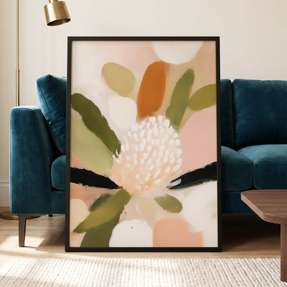 Blush Garden Rhythm, pink, white, green floral wall art displayed in a styled interior, gallery view 6