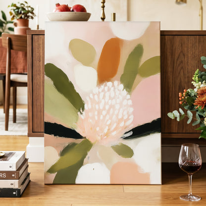 Blush Garden Rhythm, pink, white, green floral wall art displayed in a styled interior, gallery view 7