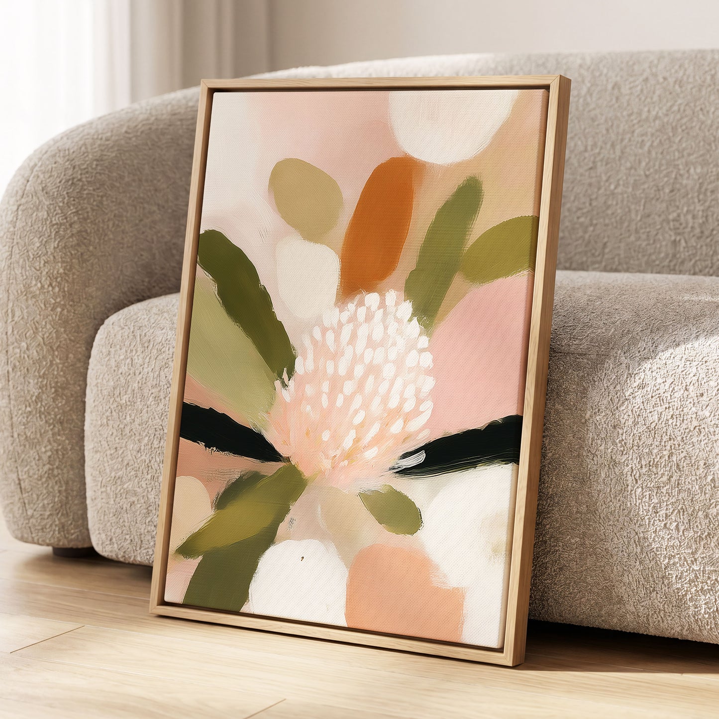 Blush Garden Rhythm, pink, white, green floral wall art displayed in a styled interior, gallery view 8