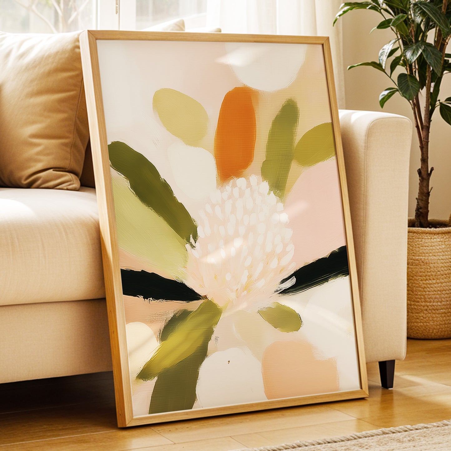Blush Garden Rhythm, pink, white, green floral wall art displayed in a styled interior, gallery view 9