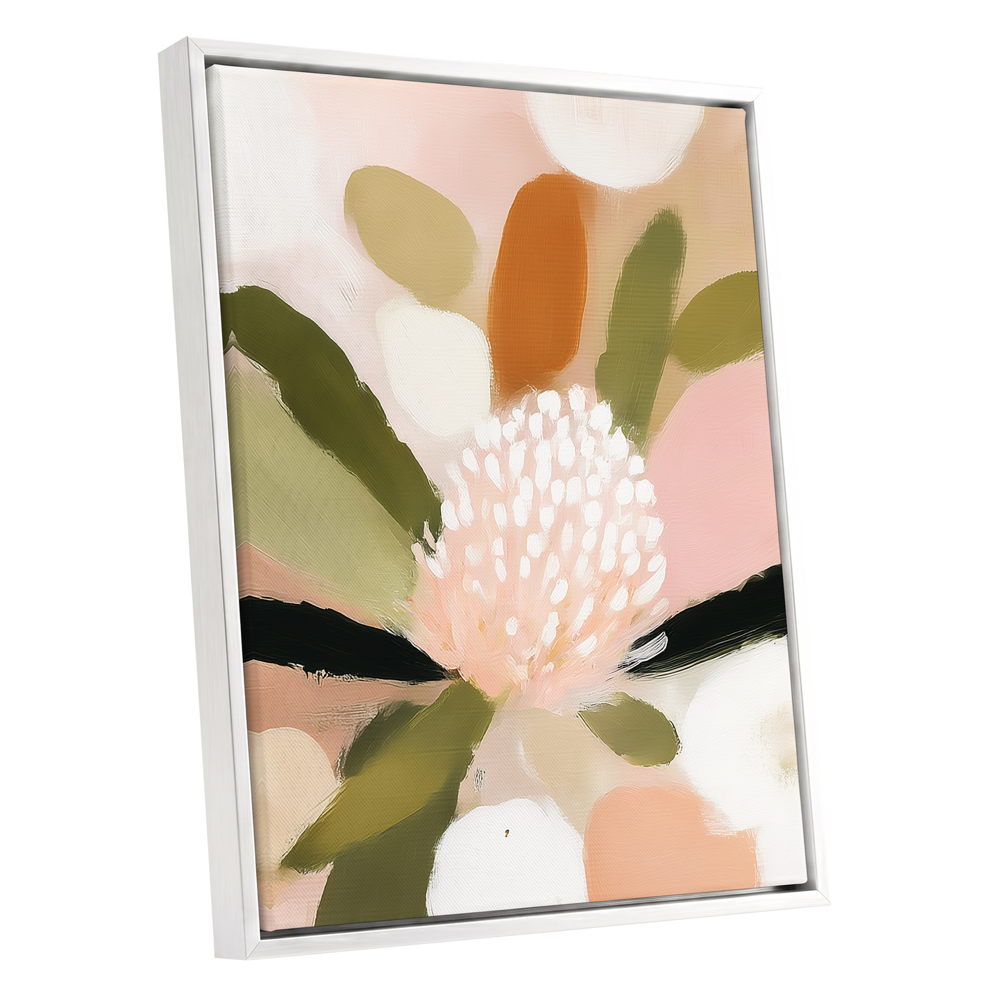 Blush Garden Rhythm, pink, white, green floral wall art shown as a white framed canvas wall art