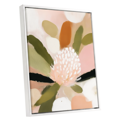 Blush Garden Rhythm, pink, white, green floral wall art shown as a white framed canvas wall art
