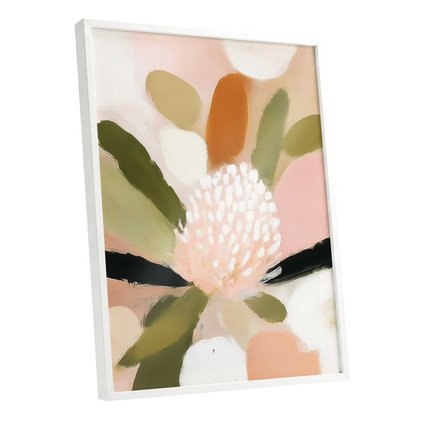 Blush Garden Rhythm, pink, white, green floral wall art shown as a white framed poster wall art print
