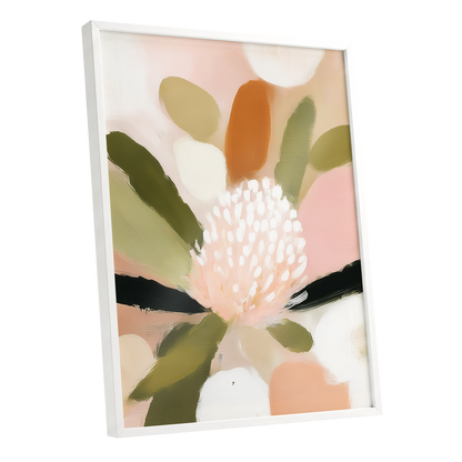 Blush Garden Rhythm, pink, white, green floral wall art shown as a white framed poster wall art print