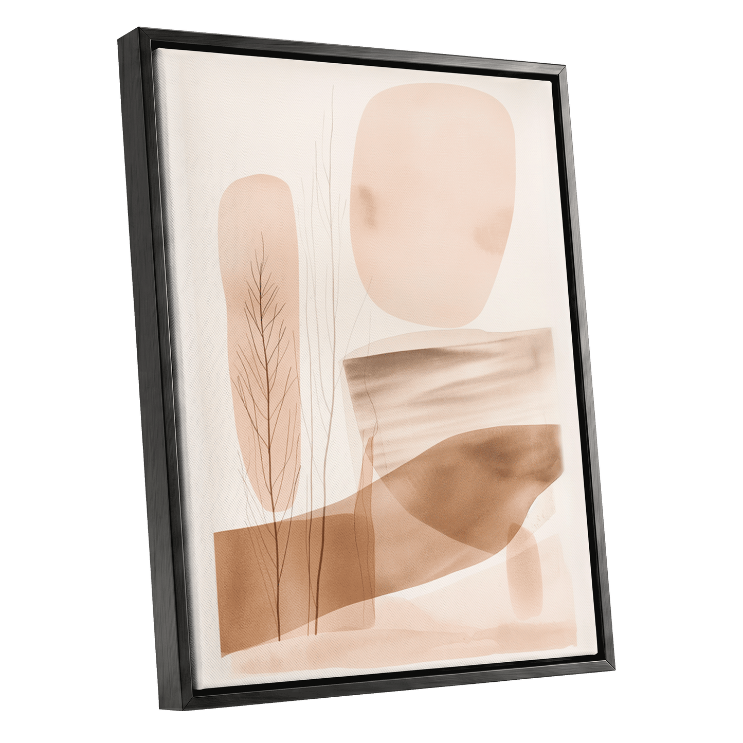 Blush Horizon Botanics, pink, brown, beige nature wall art shown as a black framed canvas wall art