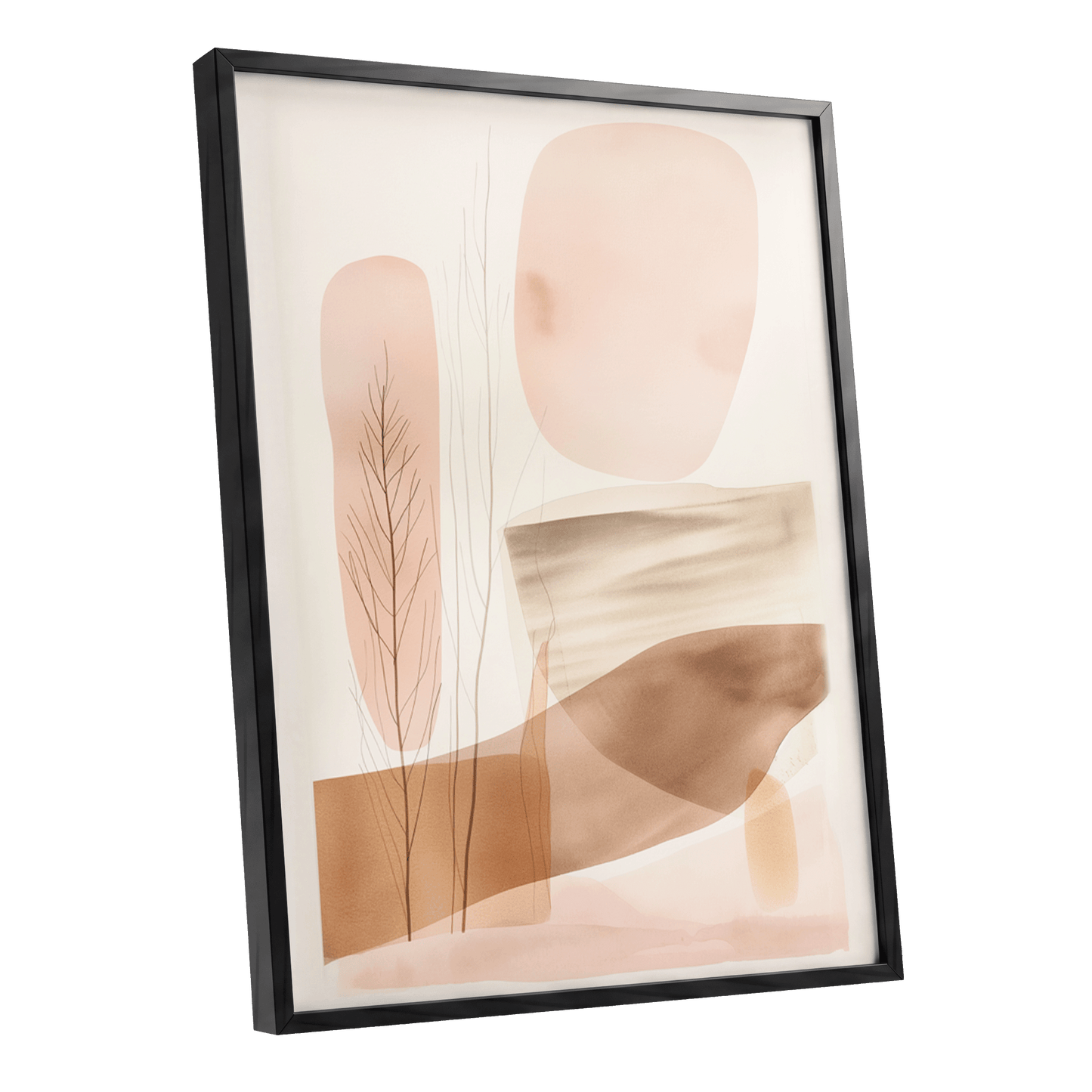 Blush Horizon Botanics, pink, brown, beige nature wall art shown as a black framed poster wall art print