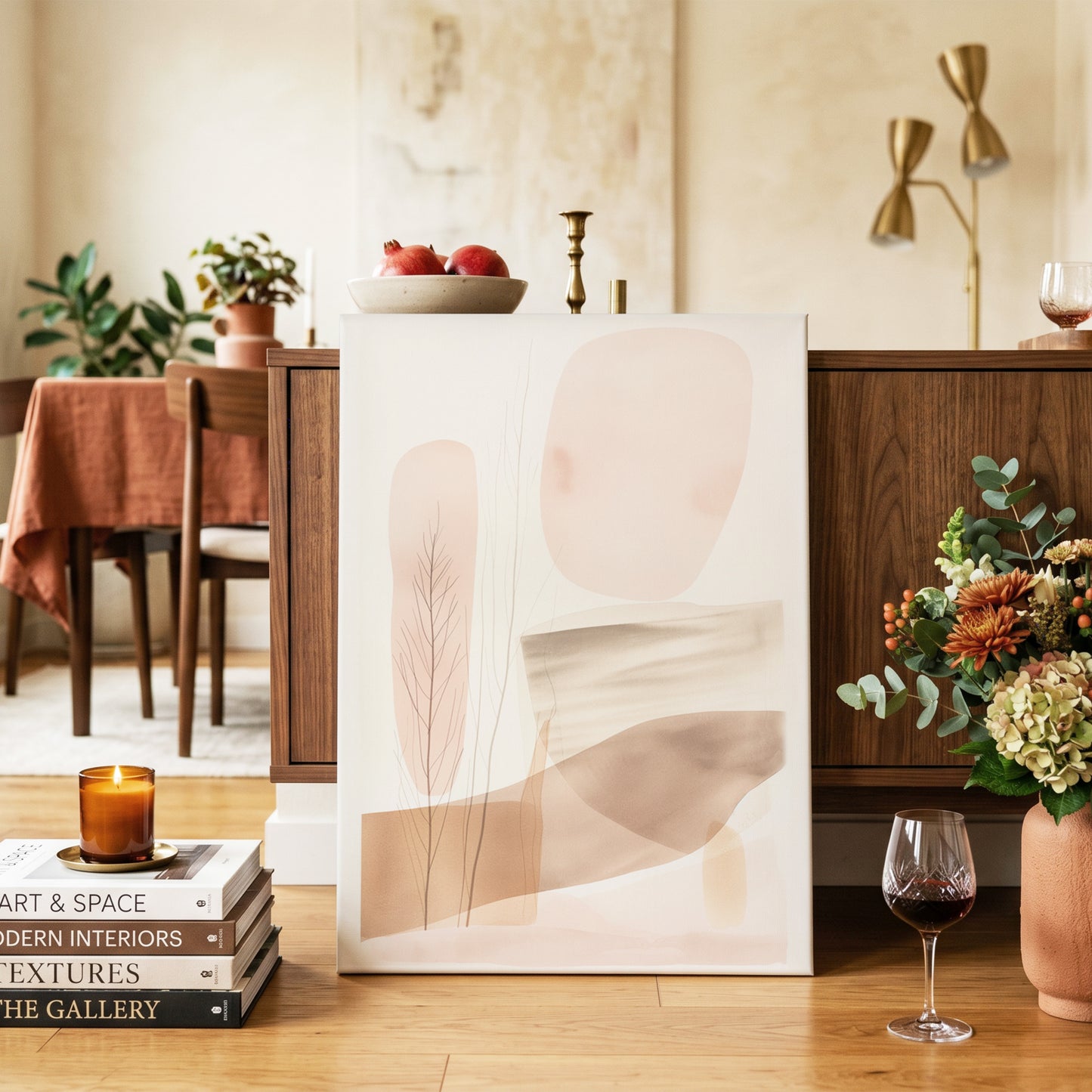 Blush Horizon Botanics, pink, brown, beige nature wall art on canvas displayed in a styled interior, gallery view 2