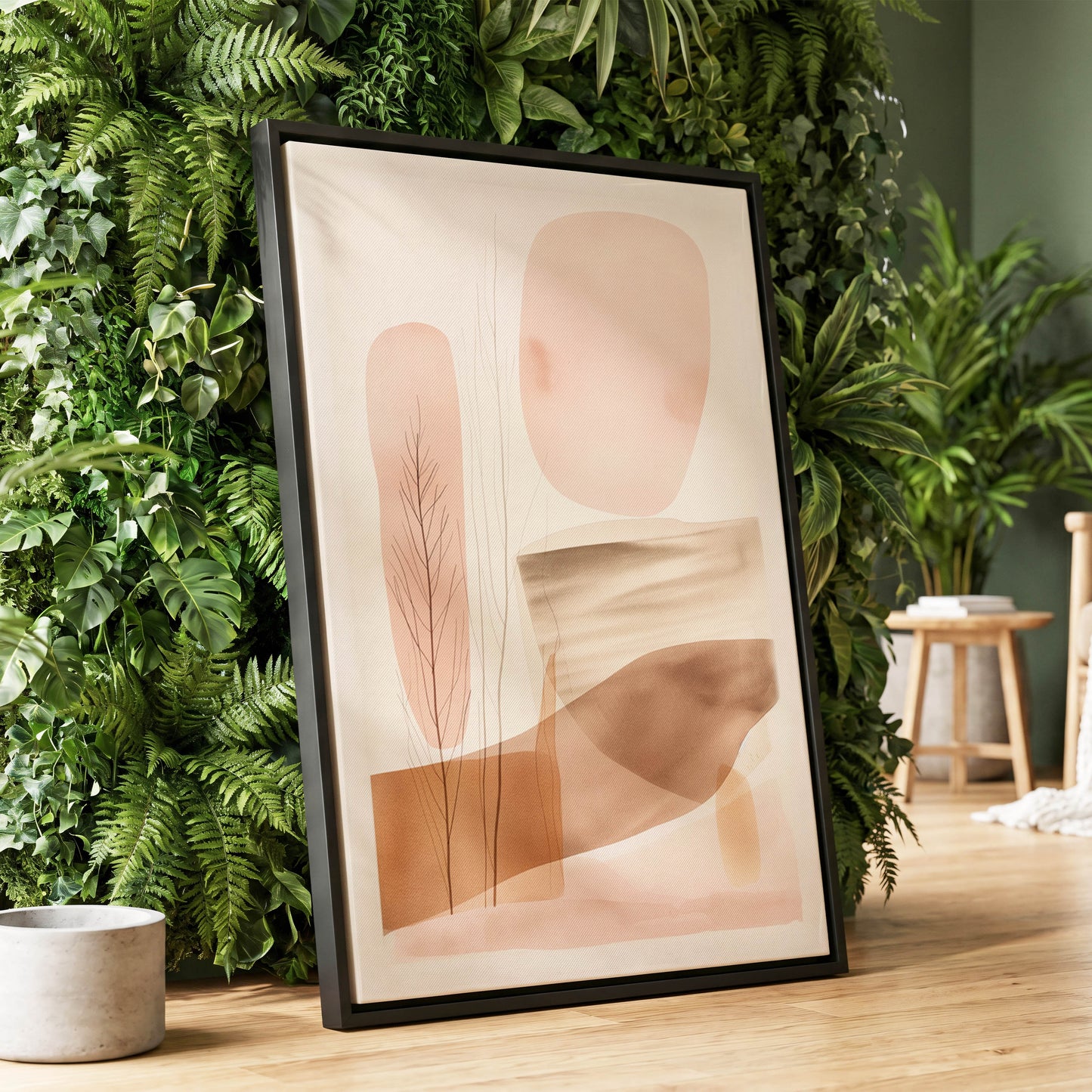 Blush Horizon Botanics, pink, brown, beige nature wall art displayed in a styled interior, gallery view 1