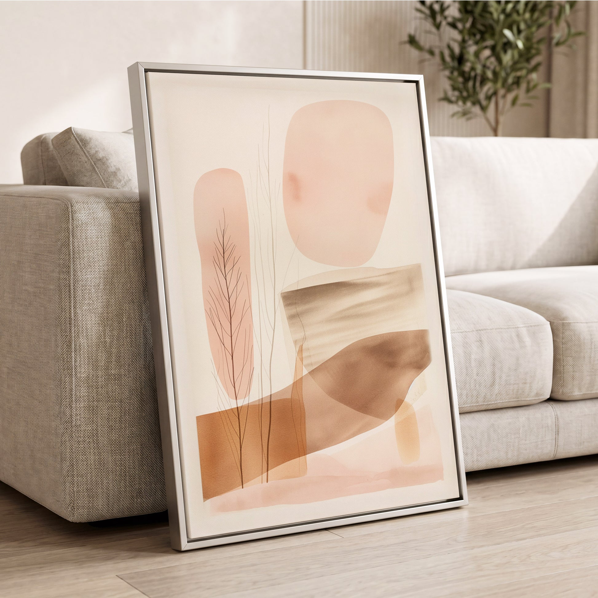 Blush Horizon Botanics, pink, brown, beige nature wall art displayed in a styled interior, gallery view 2