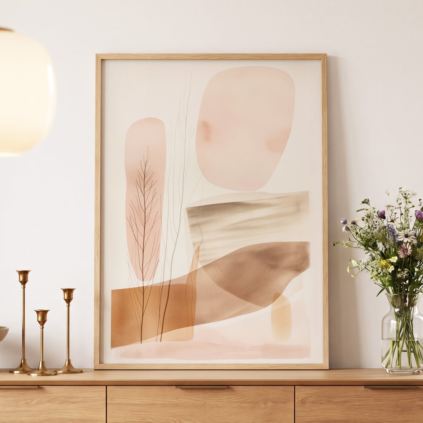 Blush Horizon Botanics, pink, brown, beige nature wall art displayed in a styled interior, gallery view 5