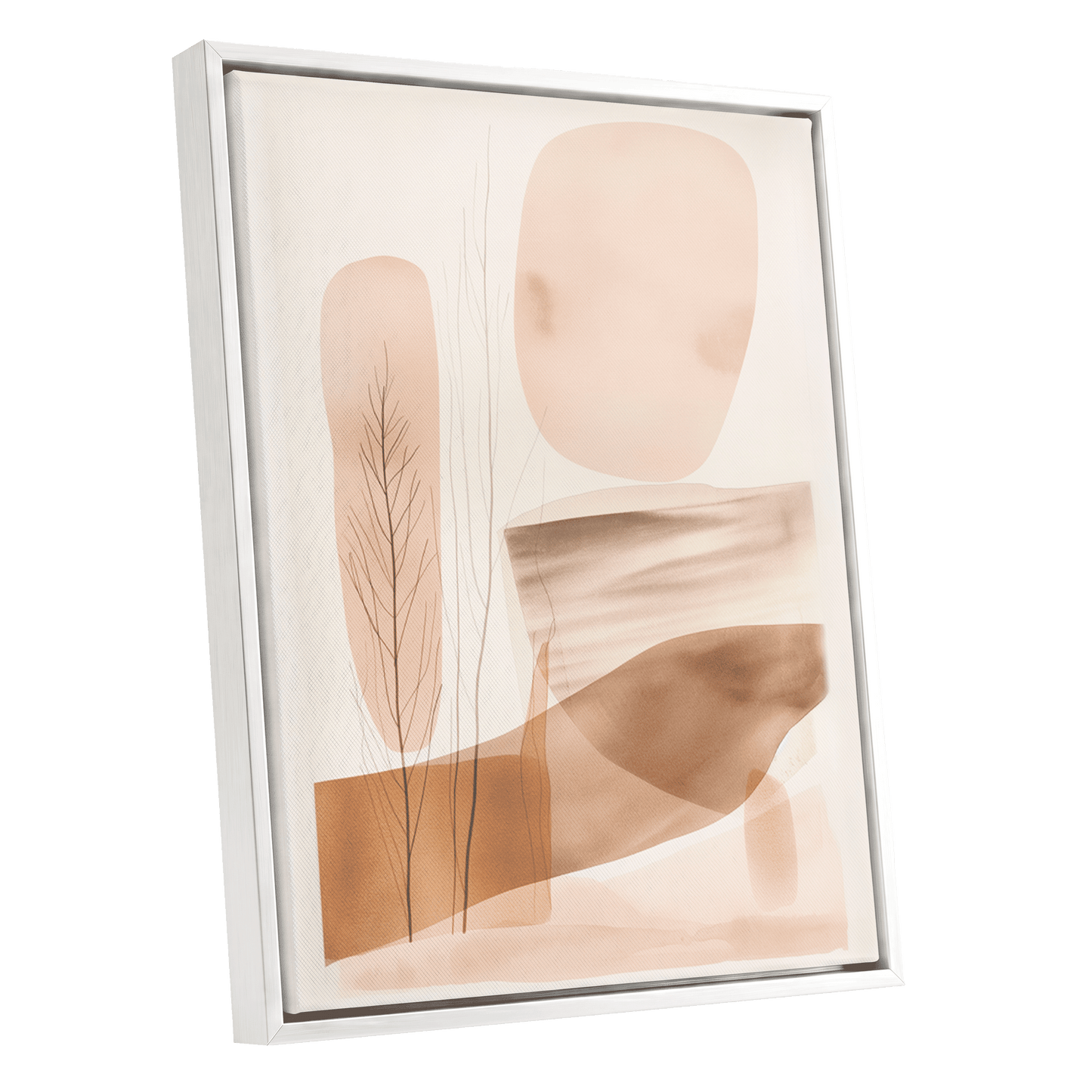 Blush Horizon Botanics, pink, brown, beige nature wall art shown as a white framed canvas wall art
