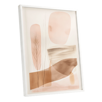 Blush Horizon Botanics, pink, brown, beige nature wall art shown as a white framed poster wall art print