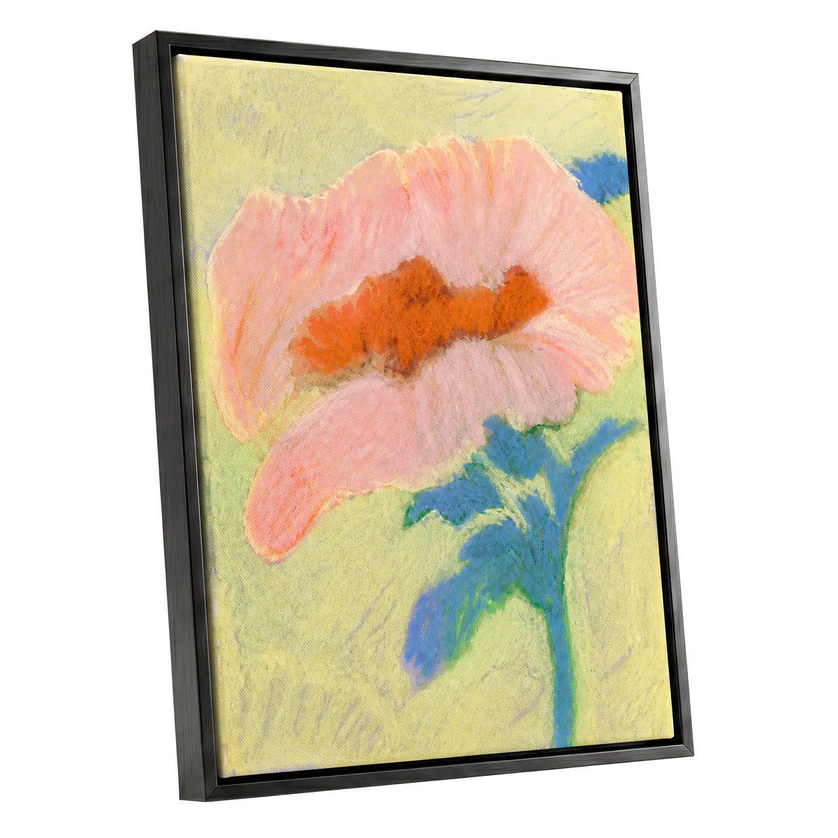 Blush in Blue, pink, orange, blue floral wall art shown as a black framed canvas wall art