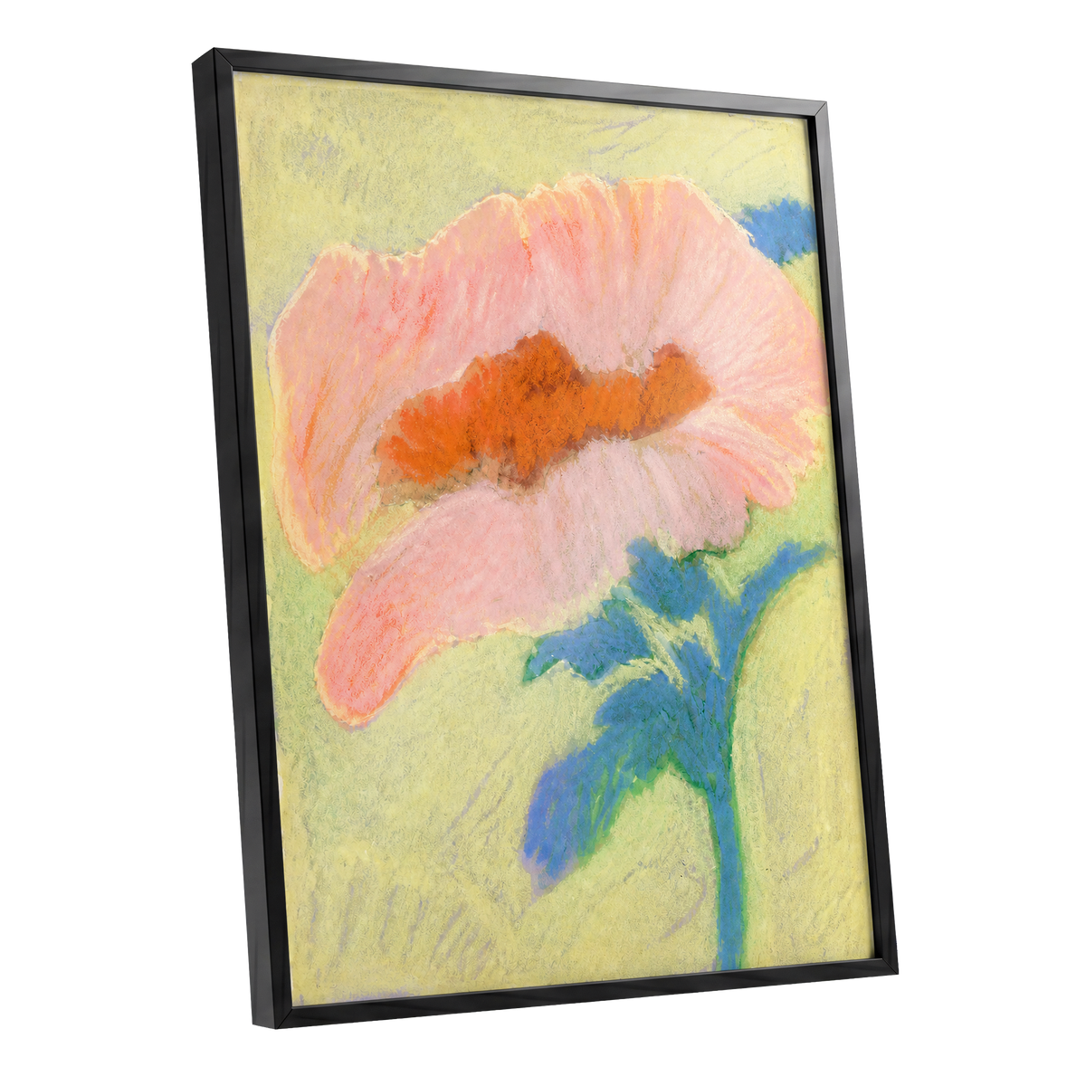 Blush in Blue, pink, orange, blue floral wall art shown as a black framed poster wall art print