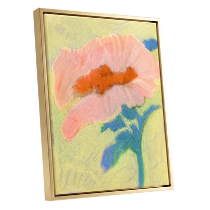 Blush in Blue, pink, orange, blue floral wall art shown as a gold framed canvas wall art