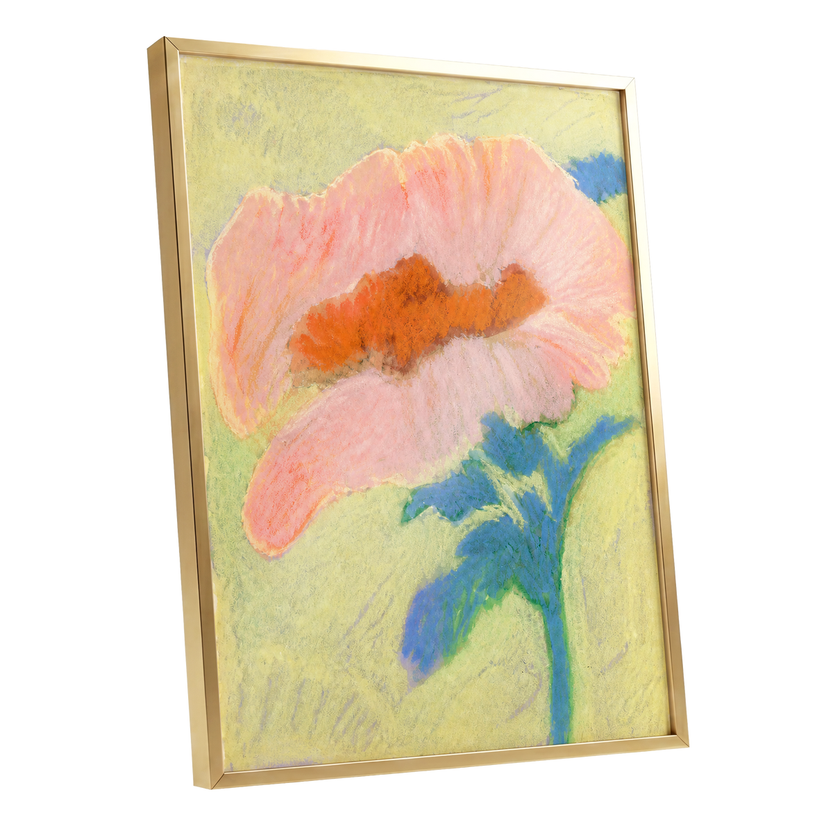 Blush in Blue, pink, orange, blue floral wall art shown as a gold framed poster wall art print