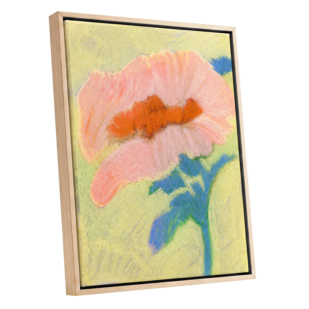 Blush in Blue, pink, orange, blue floral wall art shown as a oak framed canvas wall art