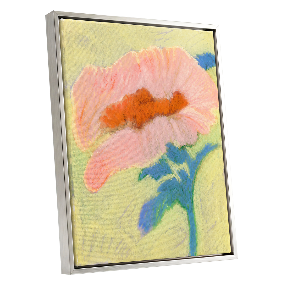 Blush in Blue, pink, orange, blue floral wall art shown as a silver framed canvas wall art