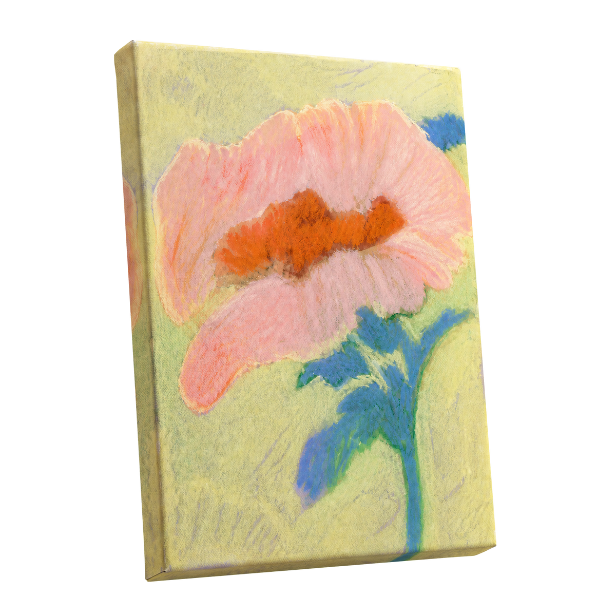 Blush in Blue, pink, orange, blue floral wall art shown as a stretched canvas wall art