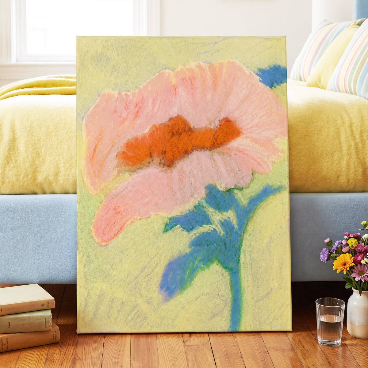 Blush in Blue, pink, orange, blue floral wall art displayed in a styled interior, gallery view 3