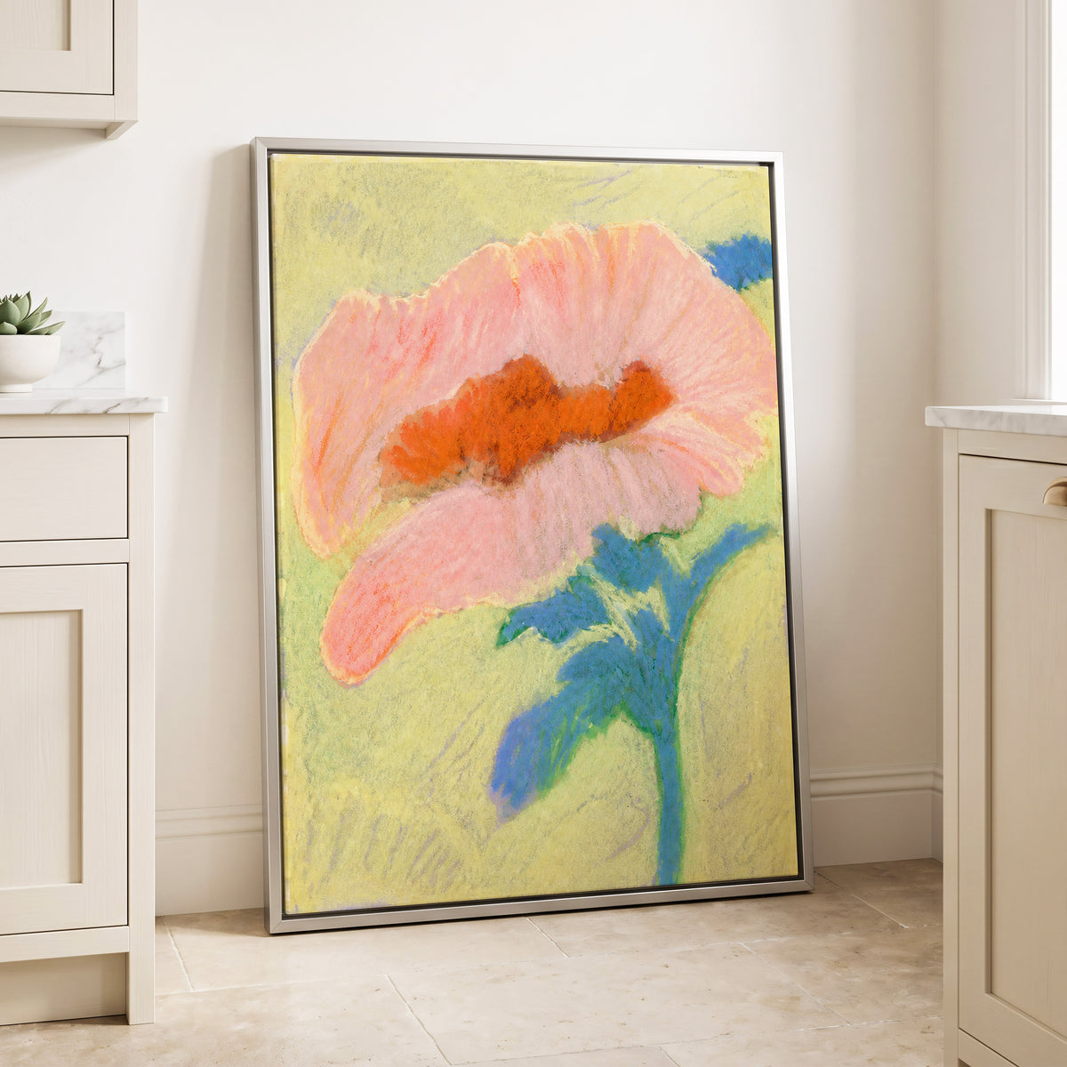 Blush in Blue, pink, orange, blue floral wall art displayed in a styled interior, gallery view 4