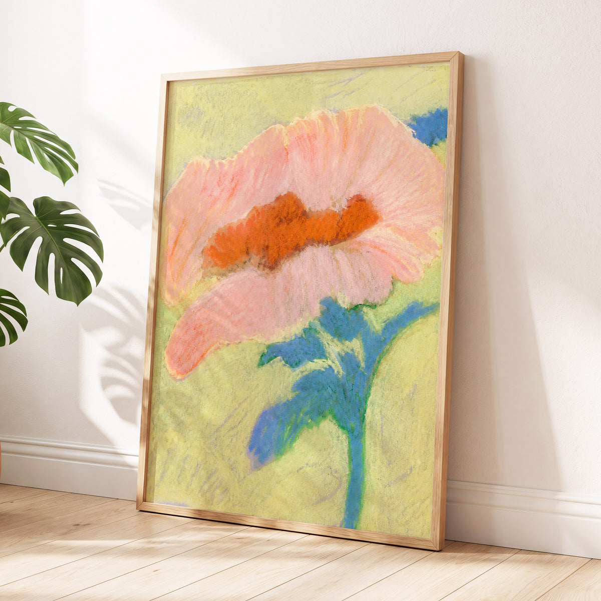 Blush in Blue, pink, orange, blue floral wall art displayed in a styled interior, gallery view 9