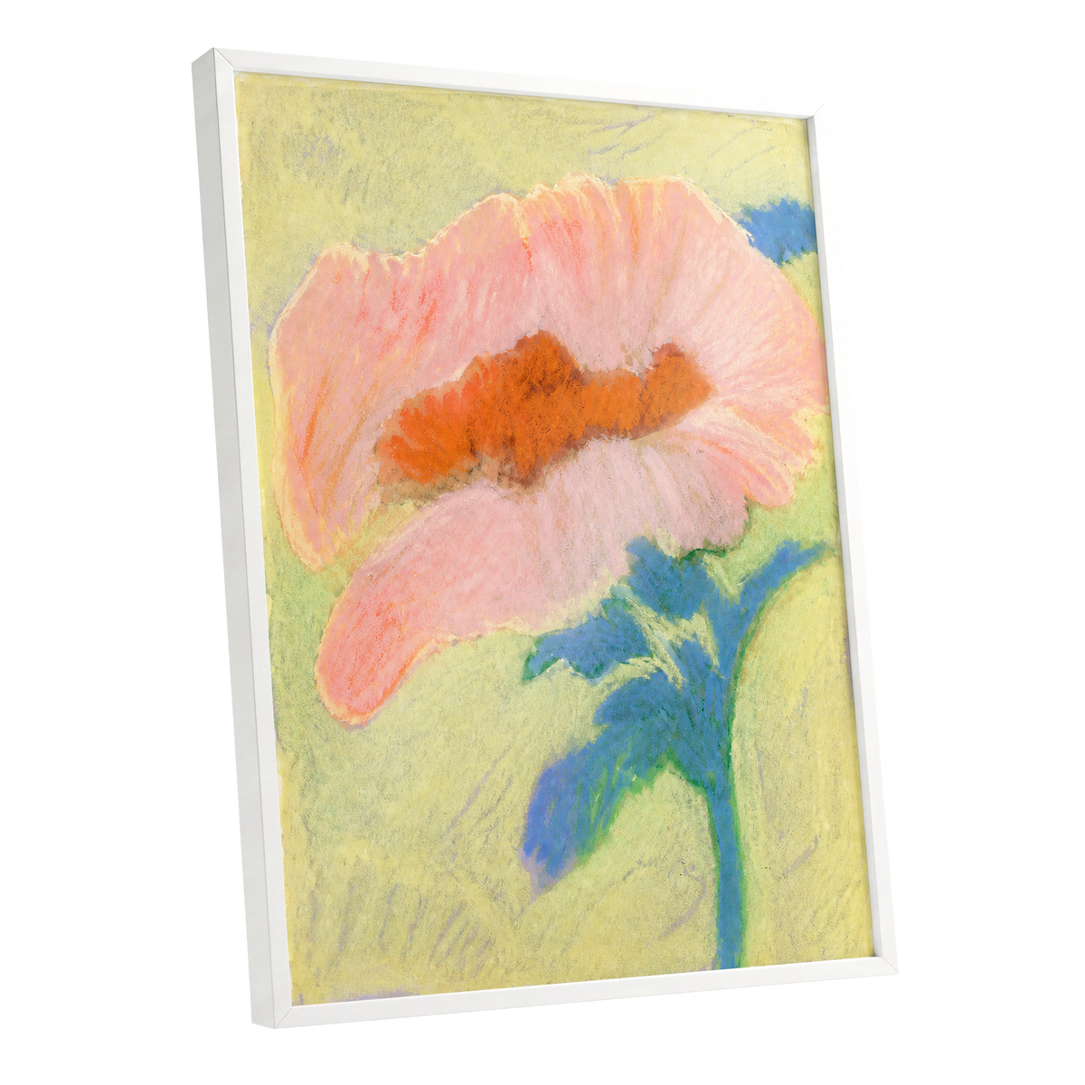 Blush in Blue, pink, orange, blue floral wall art shown as a white framed poster wall art print