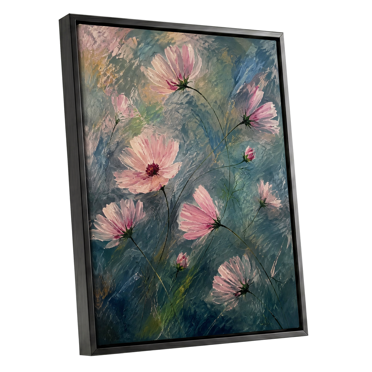 Blush in the Blue, pink, blue, green floral wall art shown as a black framed canvas wall art