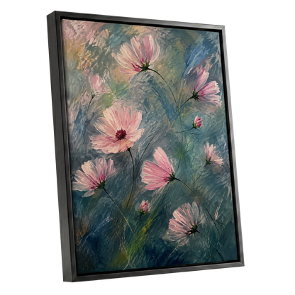 Blush in the Blue, pink, blue, green floral wall art shown as a black framed canvas wall art