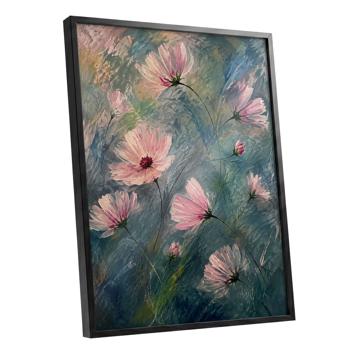Blush in the Blue, pink, blue, green floral wall art shown as a black framed poster wall art print