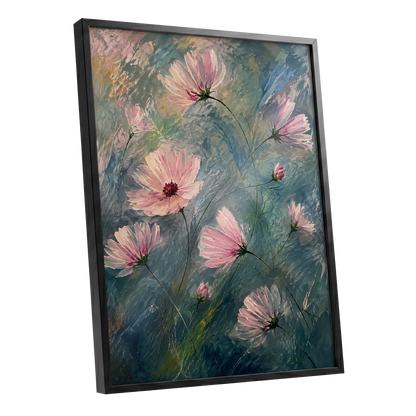Blush in the Blue, pink, blue, green floral wall art shown as a black framed poster wall art print