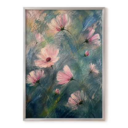 Blush in the Blue, pink, blue, green floral wall art, front artwork view