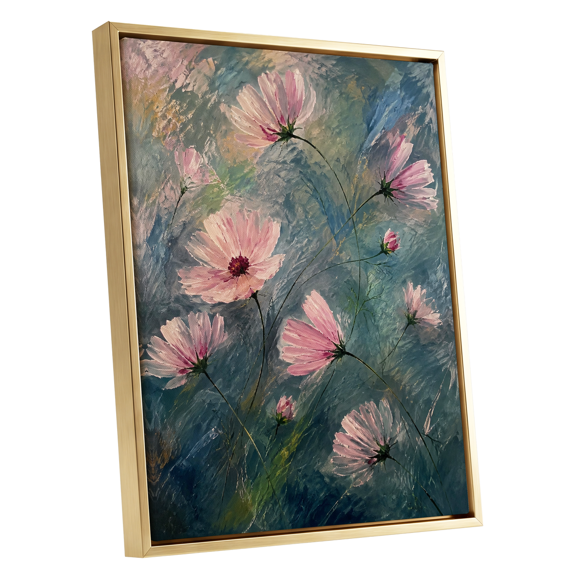 Blush in the Blue, pink, blue, green floral wall art shown as a gold framed canvas wall art