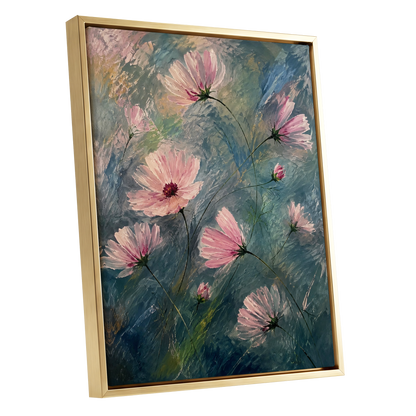 Blush in the Blue, pink, blue, green floral wall art shown as a gold framed canvas wall art