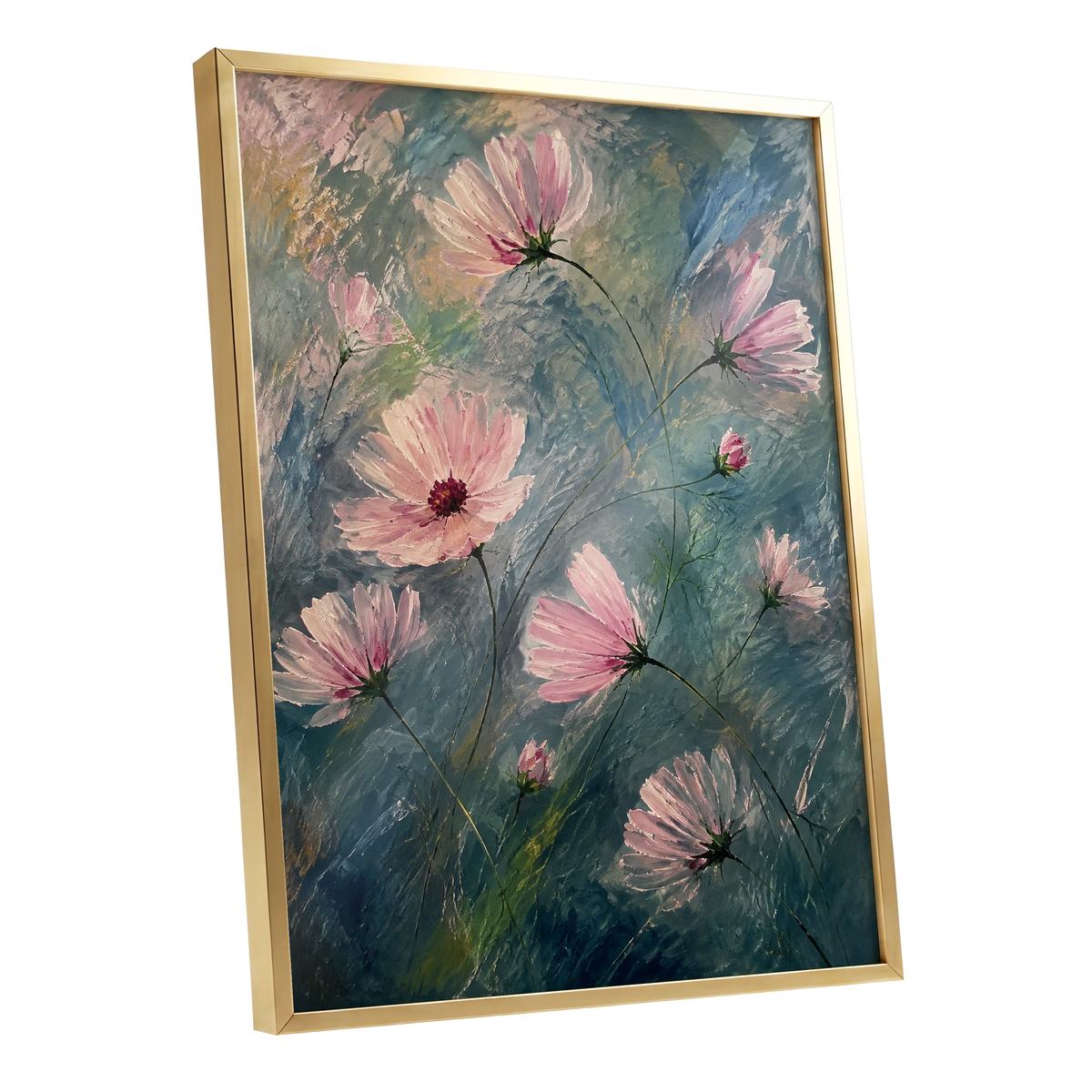Blush in the Blue, pink, blue, green floral wall art shown as a gold framed poster wall art print