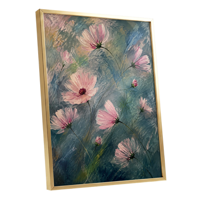 Blush in the Blue, pink, blue, green floral wall art shown as a gold framed poster wall art print
