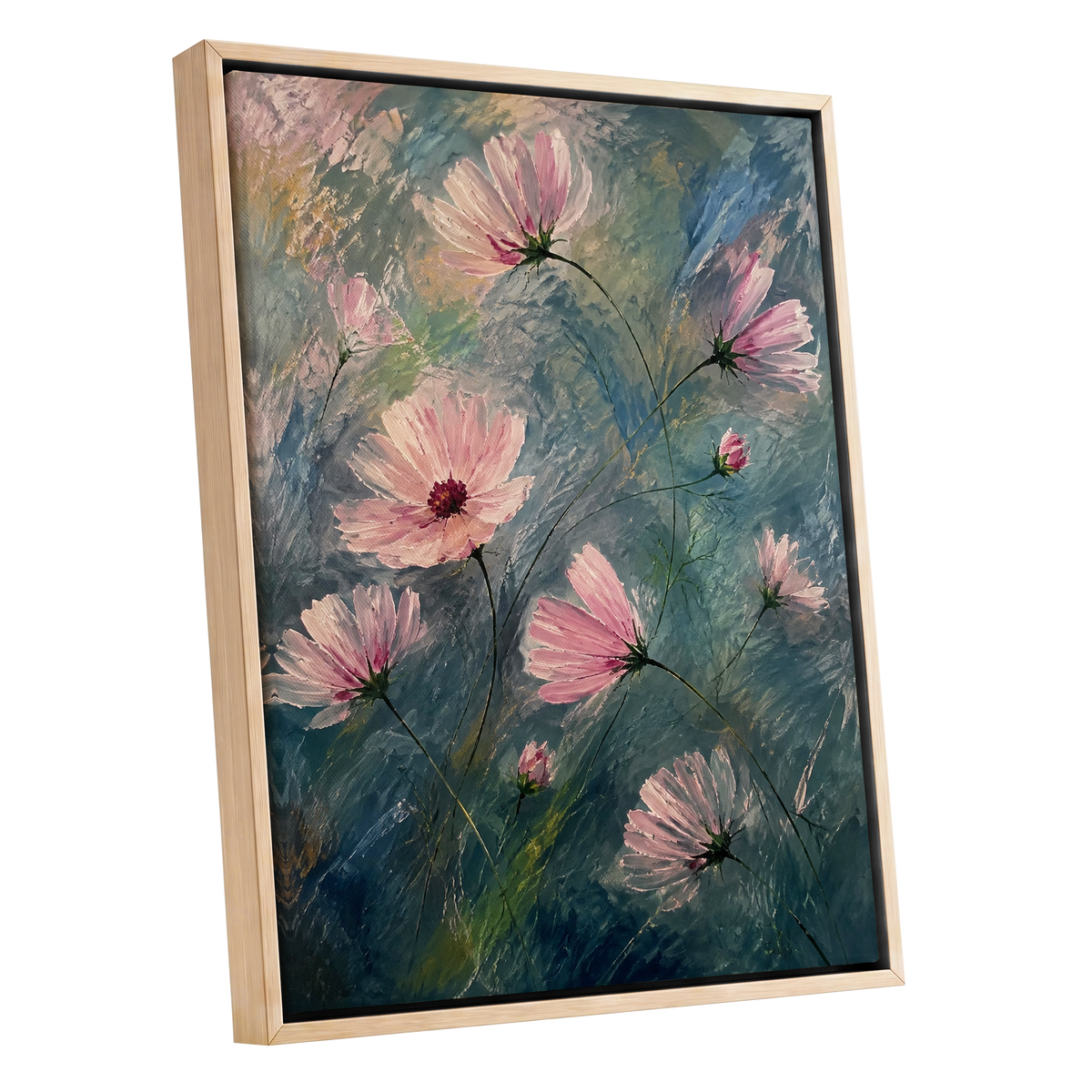 Blush in the Blue, pink, blue, green floral wall art shown as a oak framed canvas wall art