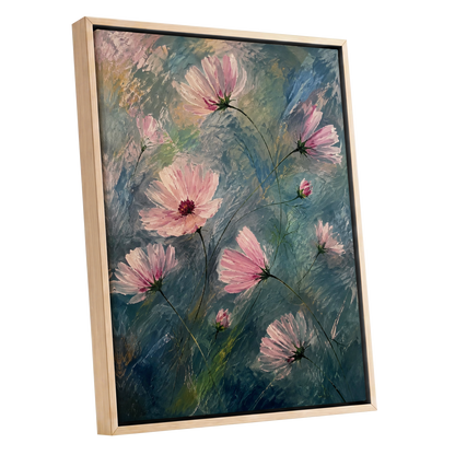 Blush in the Blue, pink, blue, green floral wall art shown as a oak framed canvas wall art