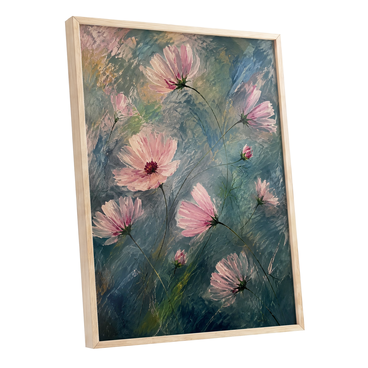 Blush in the Blue, pink, blue, green floral wall art shown as a oak framed poster wall art print