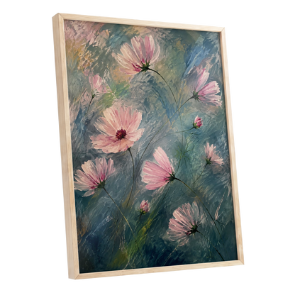 Blush in the Blue, pink, blue, green floral wall art shown as a oak framed poster wall art print