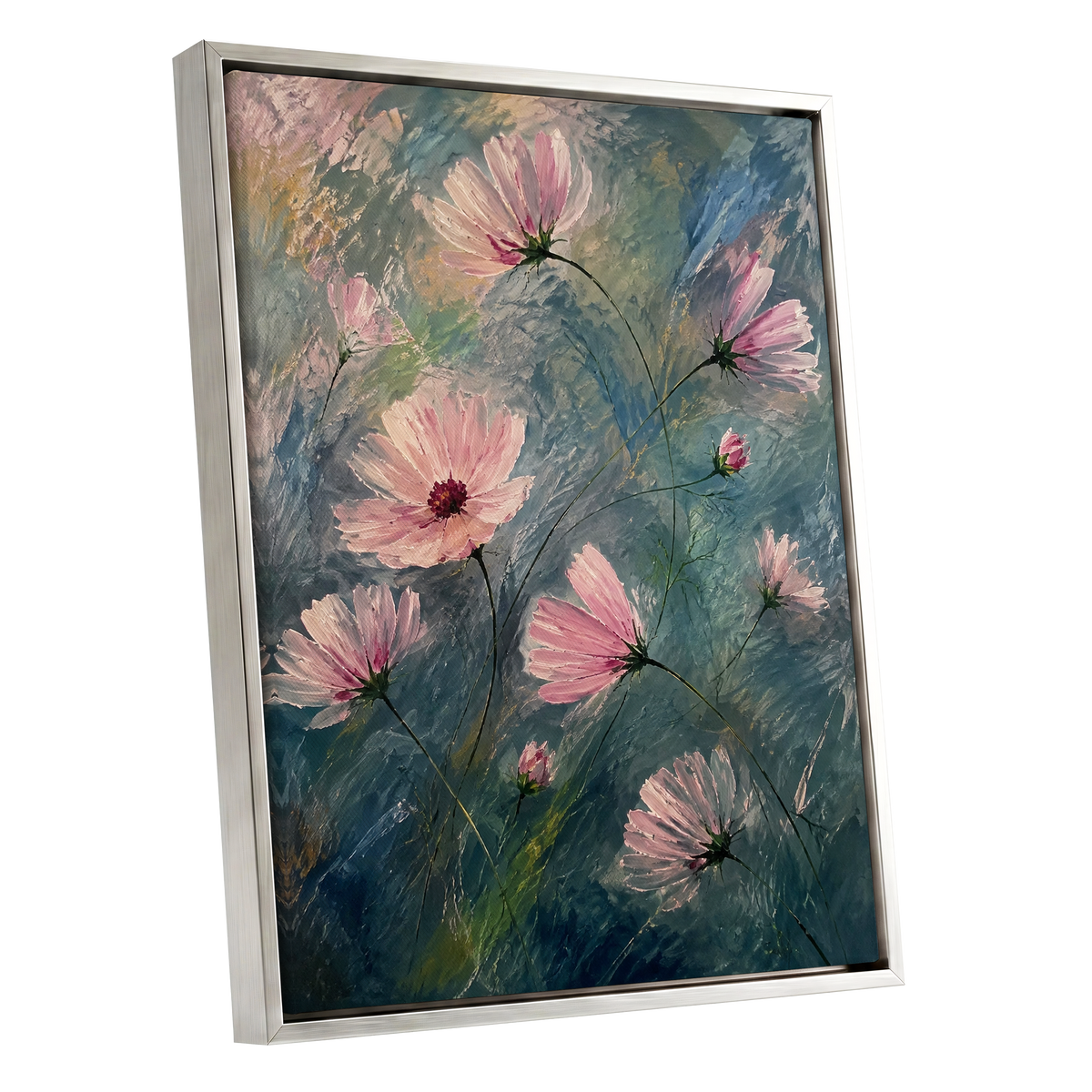 Blush in the Blue, pink, blue, green floral wall art shown as a silver framed canvas wall art