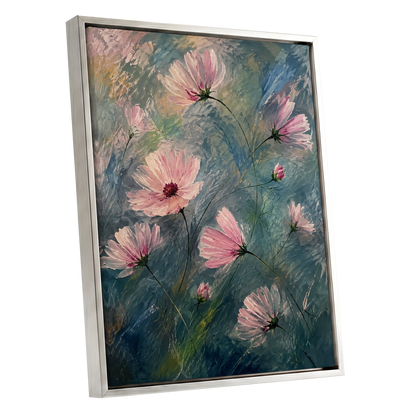 Blush in the Blue, pink, blue, green floral wall art shown as a silver framed canvas wall art
