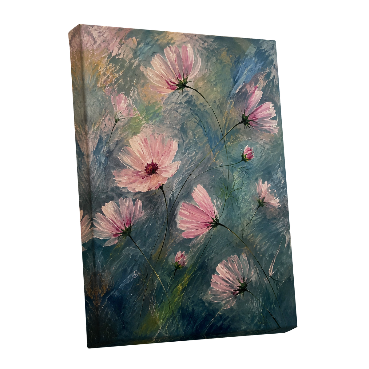 Blush in the Blue, pink, blue, green floral wall art shown as a stretched canvas wall art
