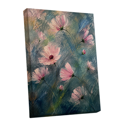 Blush in the Blue, pink, blue, green floral wall art shown as a stretched canvas wall art
