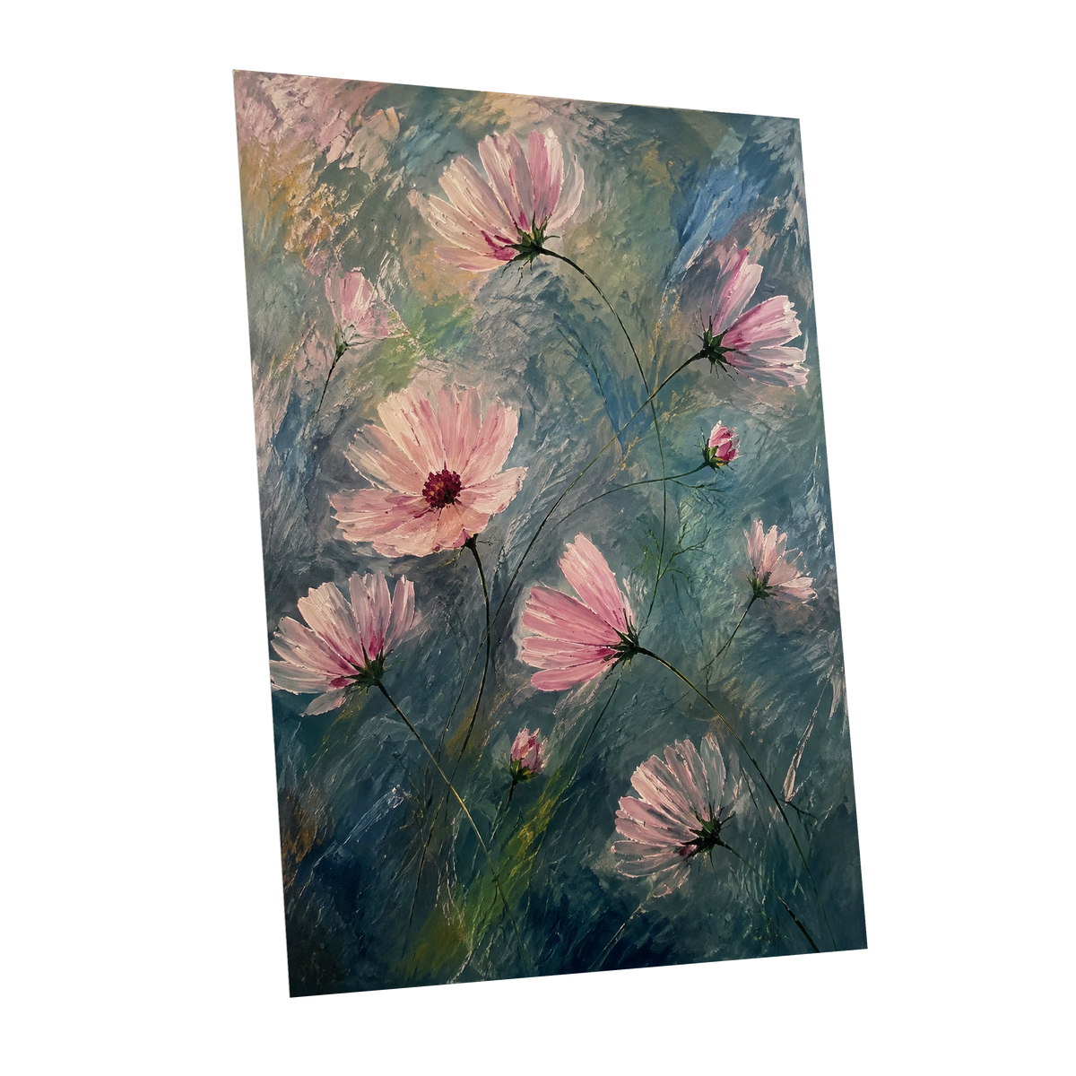 Blush in the Blue, pink, blue, green floral wall art shown as a unframed poster wall art print