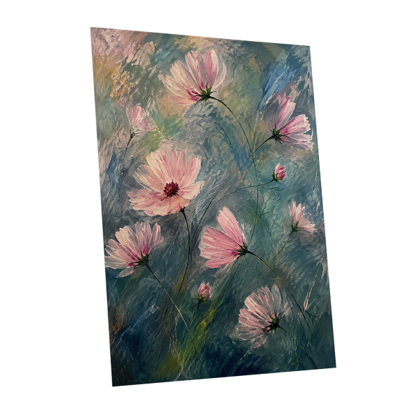 Blush in the Blue, pink, blue, green floral wall art shown as a unframed poster wall art print